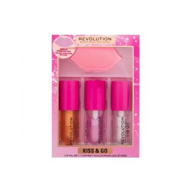 Makeup Revolution London Kiss & Go Lip Oil Set 4,5Ml Lip Oil Honey 4,5 Ml+ Lip Oil Peach Pink 4,5 Ml+ Lip Oil Watermelon 4,5 Ml + Lip Peeling Brush Per Donna  (Lip Oil)  